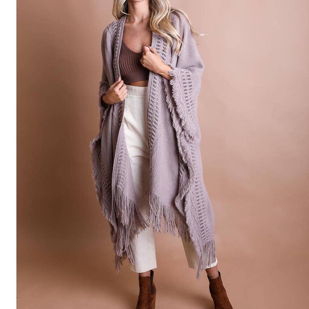 Lilac Grey Open Work Frayed Border Bohemian Ruana Shawl Wrap